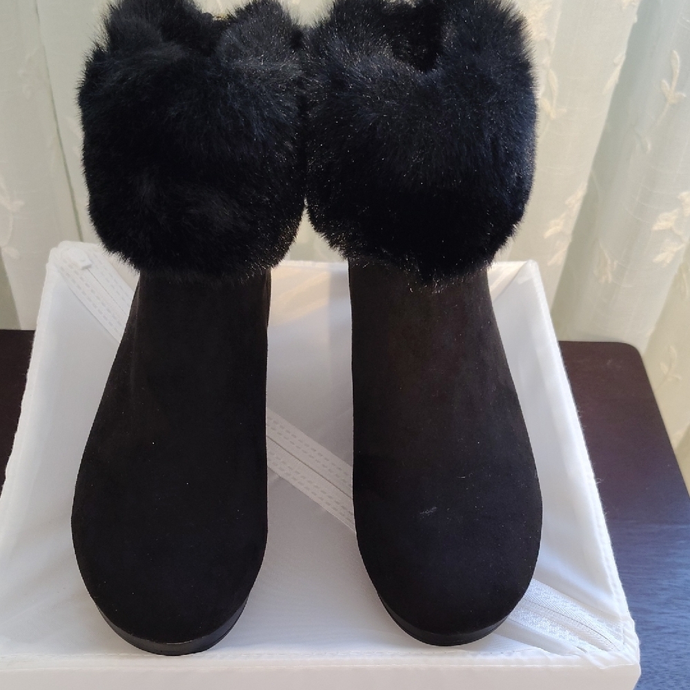 DKNY Black Ankle Boots with Fur Trim